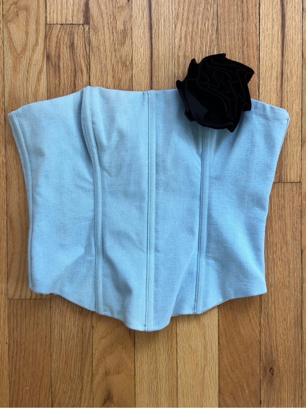RNWY light blue denim lace up corset with black flower detail